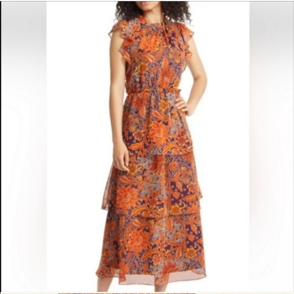 JULIA JORDAN Floral Tiered Flutter Sleeve MIDI Dress Size 2 Open Back